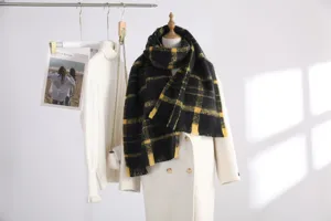 Cozy black and yellow plaid mohair winter scarf for women warm long thick shawl wrap.