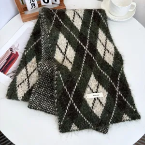 Japanese style argyle mohair winter scarf fluffy warm cozy wool blend shawl for women