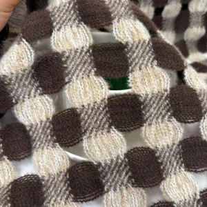 Cozy brown and beige checkered knit scarf, soft cashmere-feel winter warm fashion shawl.