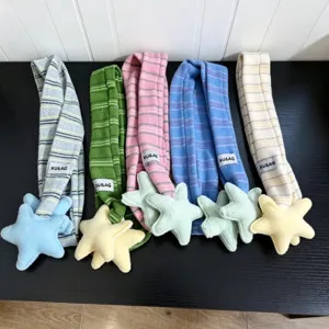 Women's Winter Warm Striped Scarf Featuring Cute Plush Star Pendants Crafted From Soft Coral Fleece