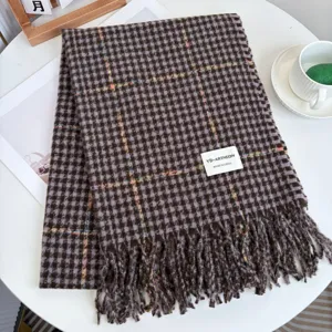 Classic houndstooth winter warm scarf with fringe, soft cozy plaid shawl for men and women.