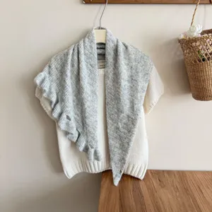 Grey ruffle knitted wool shawl cape for women, cozy casual winter fashion versatile accessory.