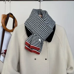 Classic black white striped knit scarf with red hem, cozy winter warm neck warmer for women.