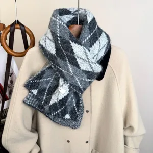 Cozy black grey argyle mohair scarf, fluffy warm winter knitted winter neck wrap shawl.