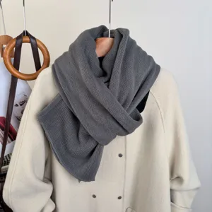 Vista di dettaglio di una comoda sciarpa in maglia grigio scuro su cappotto, accessorio invernale.