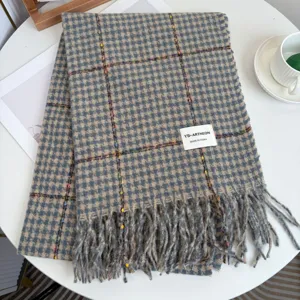 Classic houndstooth winter scarf for women and men, thick warm plaid shawl, cozy fringe design.