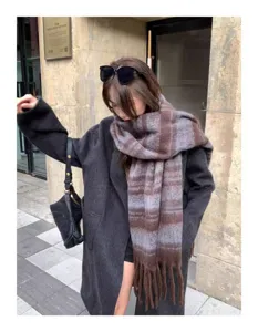 Cozy winter thick mohair wide stripe scarf for women, warm casual couple neck wrap shawl.