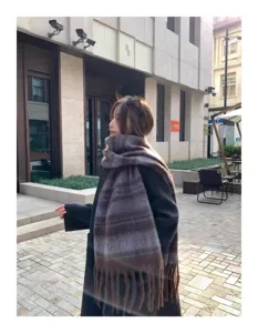 Winter cozy mohair wide striped scarf detail shot, thick warm winter neckerchief shawl fashion accessory