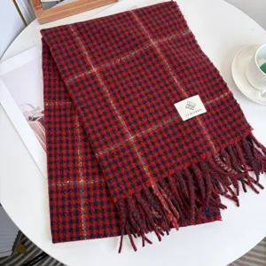 Classic red and black houndstooth scarf detail, thickened warm winter knit shawl.