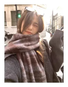Winter thick mohair wide striped scarf for women, warm fashionable brown neck wrap shawl.