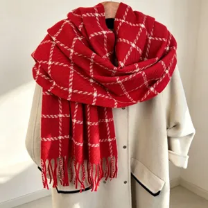 Red plaid metallic thread scarf, cozy imitation cashmere winter warm shawl detail view.