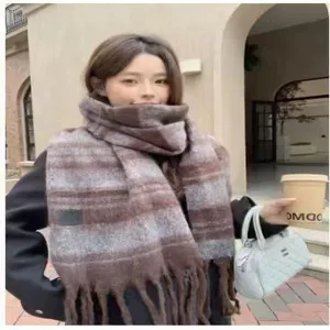 Mohair wide striped winter scarf detail showcasing soft texture and stylish tassels