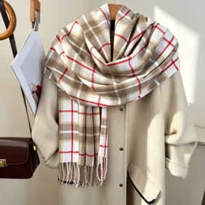 Cozy imitation cashmere plaid scarf detail, soft warm winter tassel shawl for women and men.