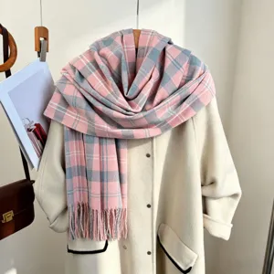 Pink and grey plaid scarf detail view, soft imitation cashmere shawl for cozy autumn winter style.