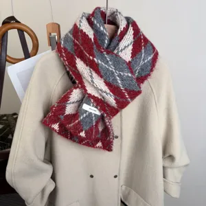 Cozy argyle mohair scarf in winter, soft fluffy knitted plaid design for women warm wear.
