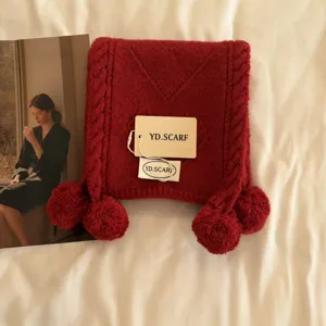 Red knit wool scarf with cute pom poms for women, warm winter knitted tassel wrap.