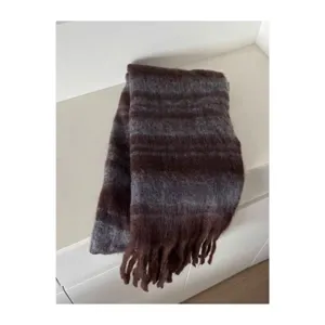 Close-up detail of cozy winter striped scarf with fringe, soft textured fabric for cold weather.