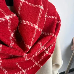 Red metallic plaid scarf detail, soft imitation cashmere fabric, cozy winter warm fashion accessory.