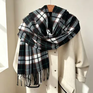 Cozy winter plaid scarf with fringe, soft cashmere-feel unisex autumn neck warmer