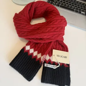Cozy red knit winter scarf with cable pattern and diamond geometric design for women.