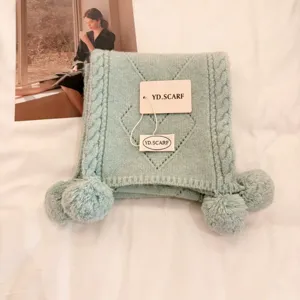 Women Knitted Scarf With Pom Poms Heart Pattern Solid Color Winter Warm Soft Polyester Neck Wrap For Ladies Students