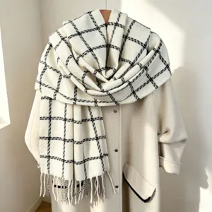 Cozy black and white plaid imitation cashmere winter warm scarf shawl detail view.