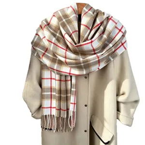 Women's winter warm plaid cashmere feel scarf with tassels, cozy vintage blanket shawl.