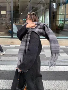 Winter warm mohair wide striped scarf for women, thick cozy tassel shawl and neck warmer.