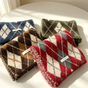 Women's Winter Warm Argyle Mohair Blend Scarf Japanese Style Retro Plaid Scarf