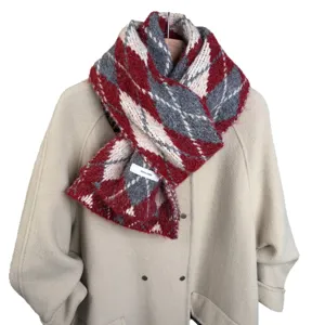 Japanese style argyle mohair winter scarf, fuzzy warm knitted women shawl in red and grey.