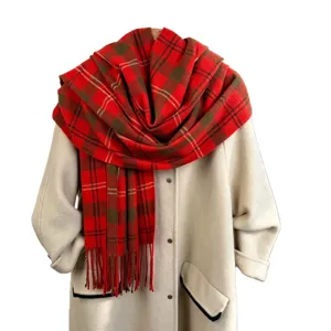 Classic red plaid winter scarf with fringe, soft imitation cashmere shawl for women and men.