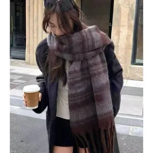 Thickened Mohair Wide Stripe Scarf For Women Winter Warm Long Tassel Neck Warmer Vintage Casual Couple Fashion Winter Scarf