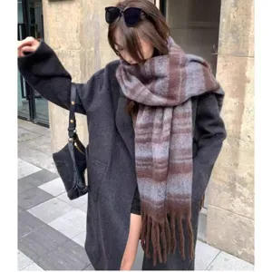 Thick mohair plaid scarf for women winter warm oversized striped neck wrap stylish shawl