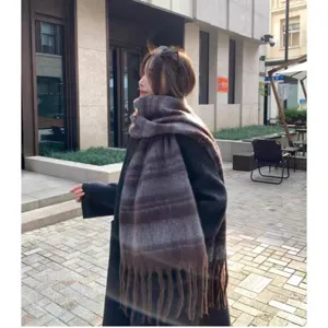 Winter thick mohair wide striped scarf for women, warm cozy fashionable Maillard shawl.