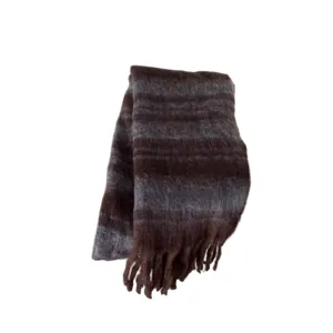 Winter thick mohair wide striped scarf for women, cozy tassel warm neck wrap and fashion shawl.