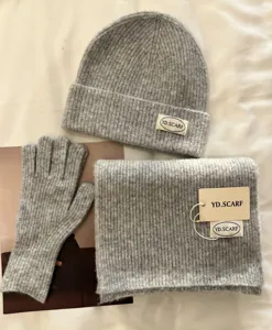 Grey knit winter beanie scarf gloves set soft warm thick cozy apparel fashion daily wear