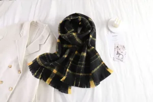 Korean ins style mohair plaid scarf for women and men, thick warm long winter shawl bib.