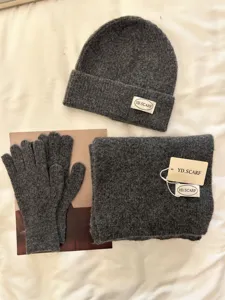 Dark grey knitted winter hat scarf and gloves set soft fleece material detail view
