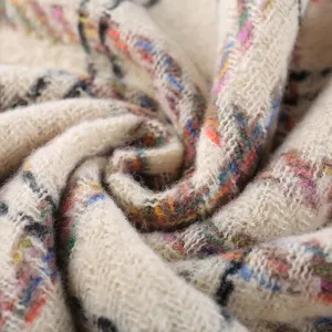 Close-up view of a cozy winter colorful plaid scarf, soft knitted warm shawl fabric texture.