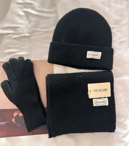 Black winter knitted beanie scarf and gloves set soft warm thick woolen winter 3pcs