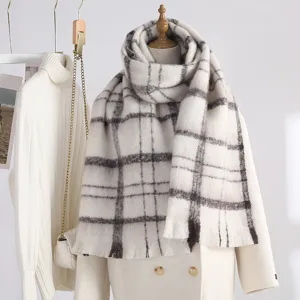 Korean style plaid mohair scarf for women and men, soft thick warm winter long tassel shawl.