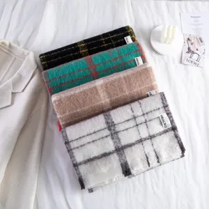 Korean style mohair plaid scarf for women and men, thick warm long winter shawl bib.