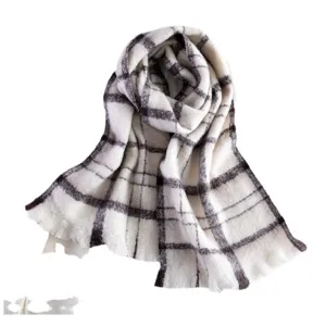 Cozy winter plaid mohair scarf for women and men, thick warm long tassel wrap shawl.