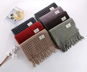 Retro plaid fringe scarf women autumn winter thick imitation cashmere long shawl details view.
