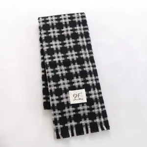 Black and white plaid winter scarf, cozy knitted shawl and neck warmer for women and men.