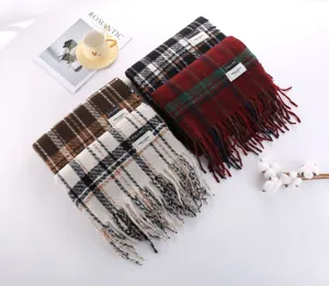 Cozy winter plaid tartan scarf with fringe, soft warm cashmere feel wrap for women.