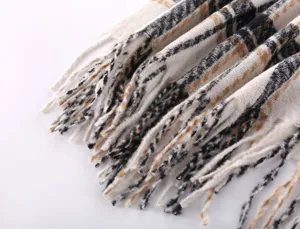 Autumn winter warm imitation cashmere scarf with retro plaid design and delicate fringe details.