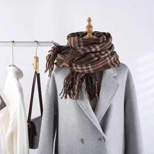 Winter women colorful plaid scarf, cozy warm long tassel shawl detail view for stylish outfit.
