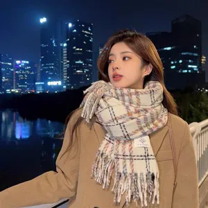 Winter Warm Imitation Cashmere Scarf For Women Korean Style Colorblock Plaid Long Tassel Shawl Fashion Casual Neck Scarf
