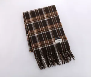 Cozy brown plaid winter scarf for women, classic tassel warm cashmere-feel muffler.